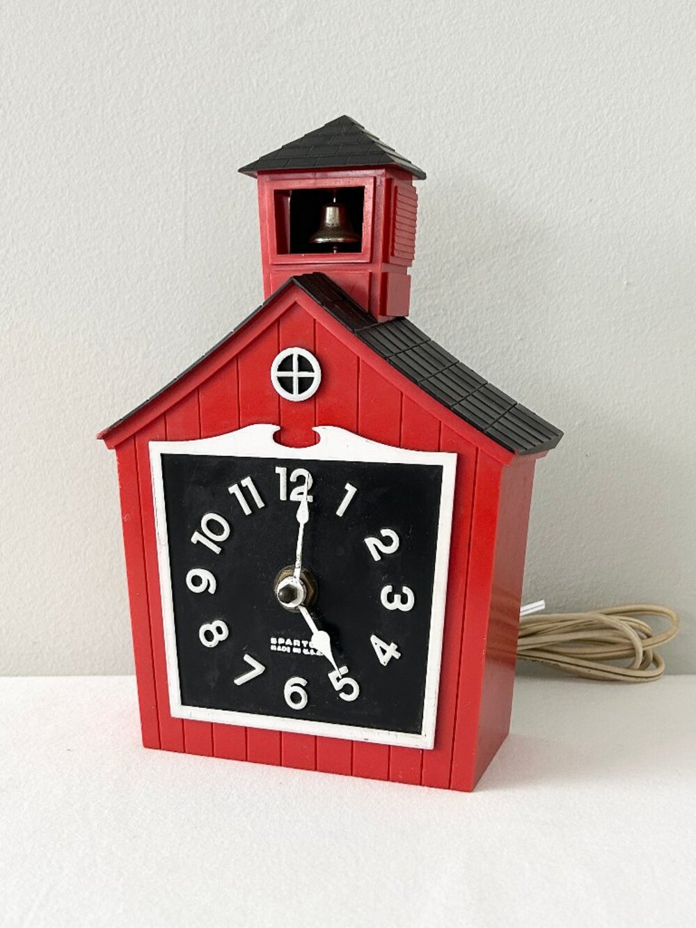 Vintage Spartus Red Schoolhouse Wall Clock Quartz Electric USA For PARTS REPAIR